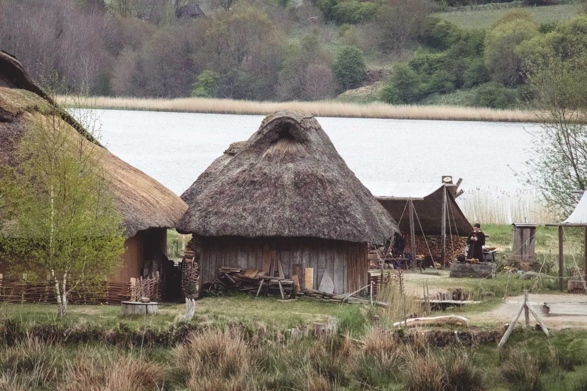 Thatched wooden houses beside the water at the reconstructed Viking settlement of Hedeby.