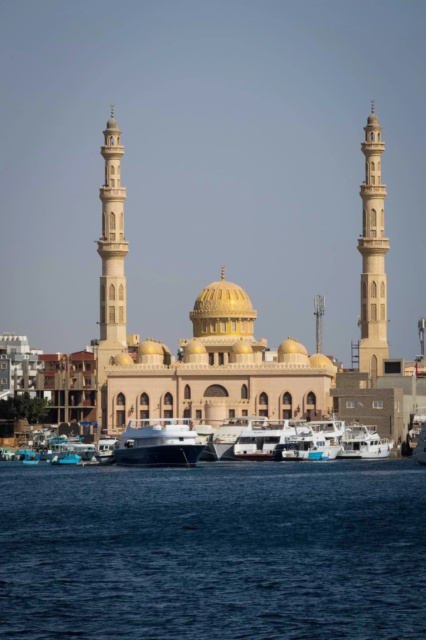 View of Hurghada Marina and mosque on Egypt's Red Sea coast