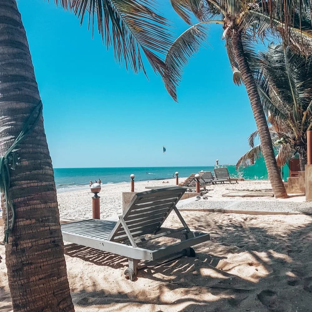 Empty sun loungers beneath palm trees on a sandy beach facing the sea in Mui Ne, Vietnam.